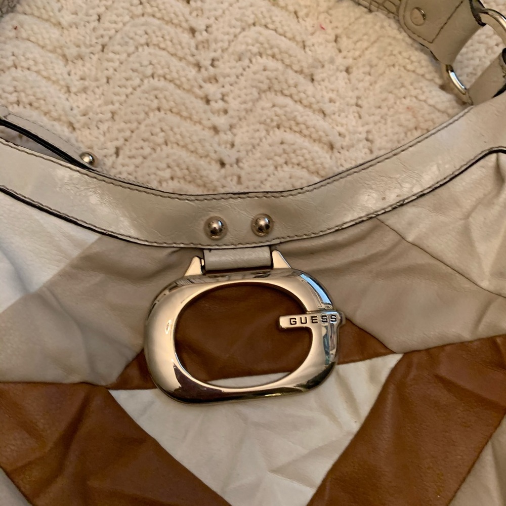 Euc Guess Brown White Tan Leather Shoulder Bag Pu… - image 5
